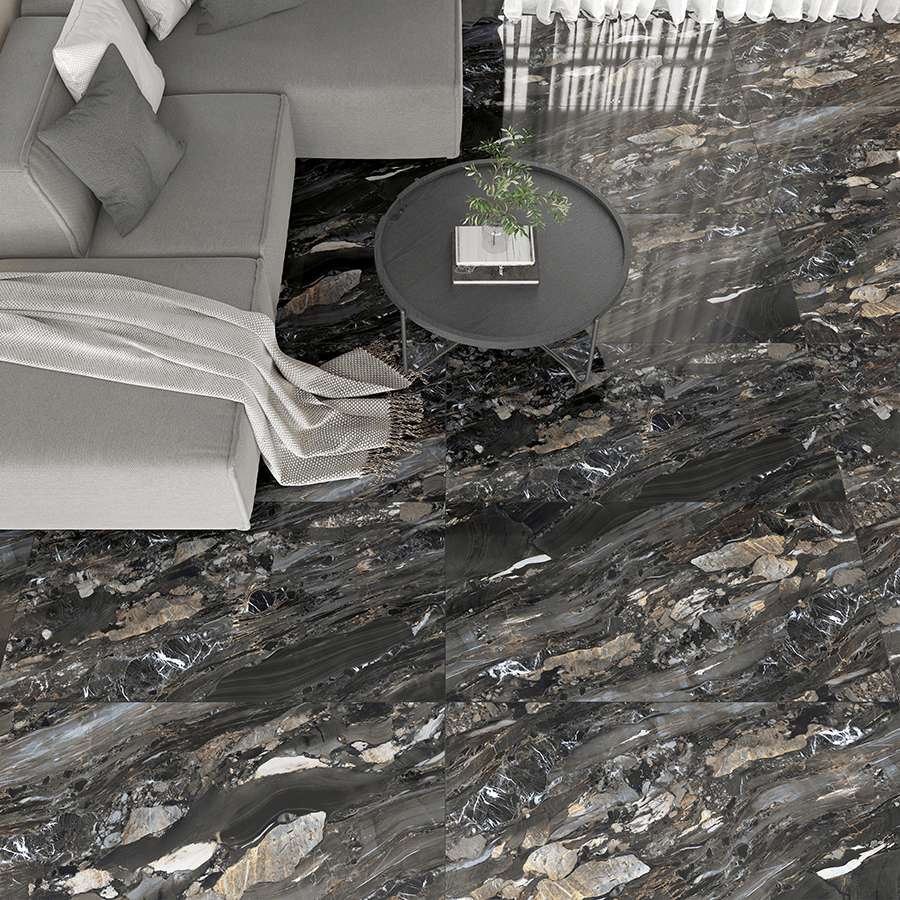 Carrelage sol/mur effet marbre noir brillant Arion l.60 x L.120 cm - Blanche Matériaux Nobles