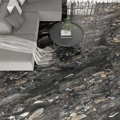 Carrelage sol/mur effet marbre noir brillant Arion l.60 x L.120 cm - Blanche Matériaux Nobles