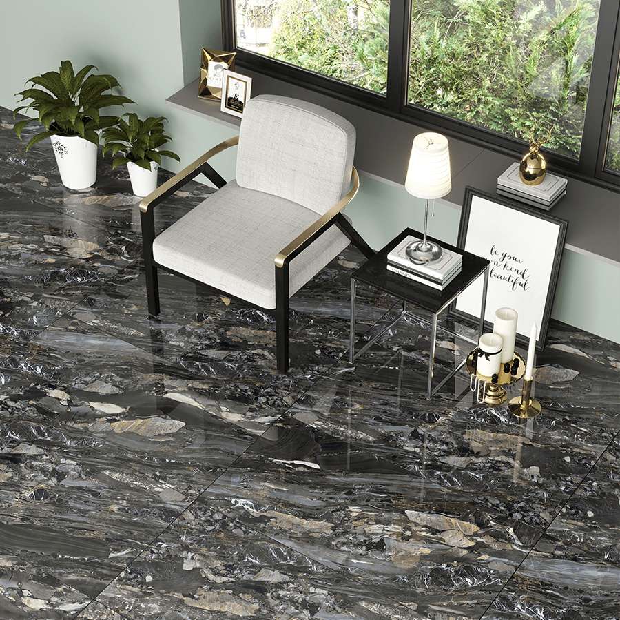 Carrelage sol/mur effet marbre noir brillant Arion l.60 x L.120 cm - Blanche Matériaux Nobles