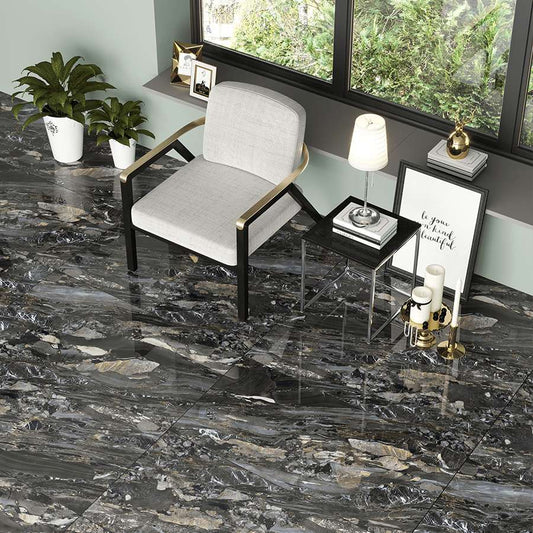 Carrelage sol/mur effet marbre noir brillant Arion l.60 x L.120 cm - Blanche Matériaux Nobles