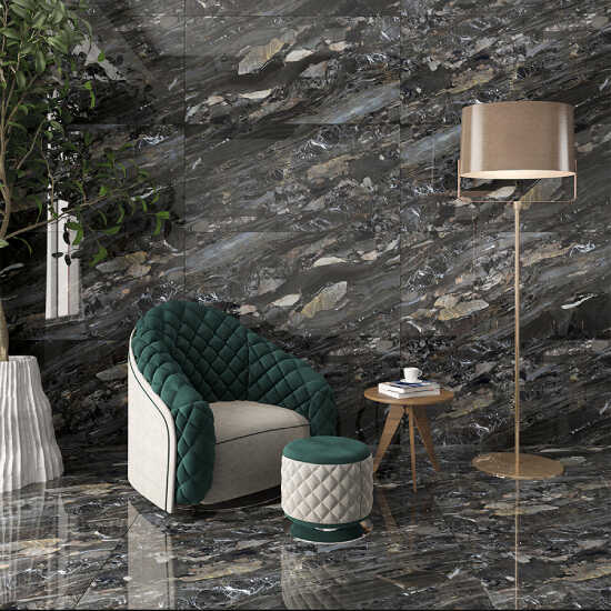 Carrelage sol/mur effet marbre noir brillant Arion l.60 x L.120 cm - Blanche Matériaux Nobles