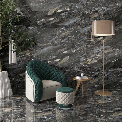 Carrelage sol/mur effet marbre noir brillant Arion l.60 x L.120 cm - Blanche Matériaux Nobles